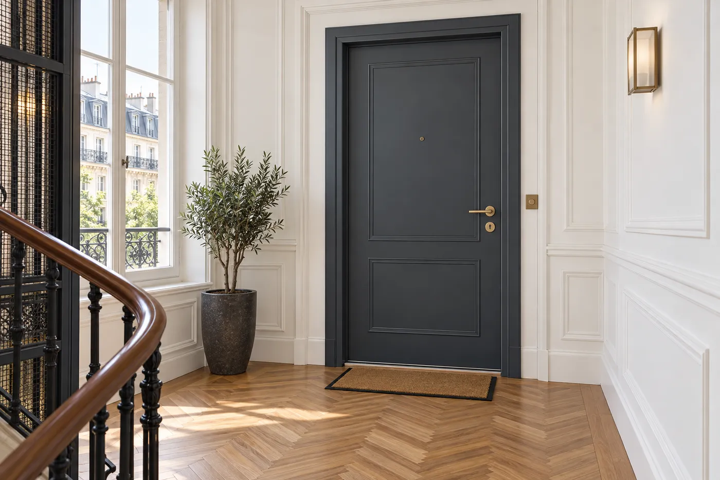 Porte blindée gris ardoise posée sur le palier d'un immeuble rénové à Levallois-Perret